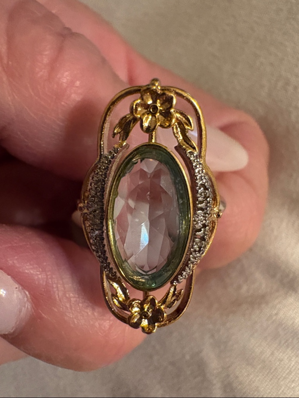 Size 6 Floral Filigree Ring with Pale Blue Marquise Stone